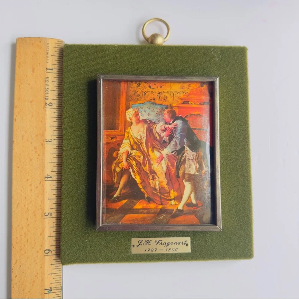 Vintage Framed Velvet Print Cameo 60-70's The Garter 5x6.5 See Story Description